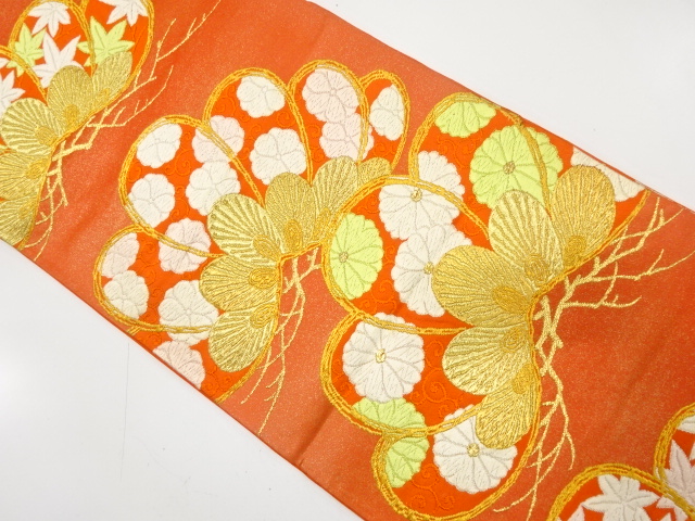 アンティーク　笠松に菊・楓・梅模様織り出し袋帯（着用可）